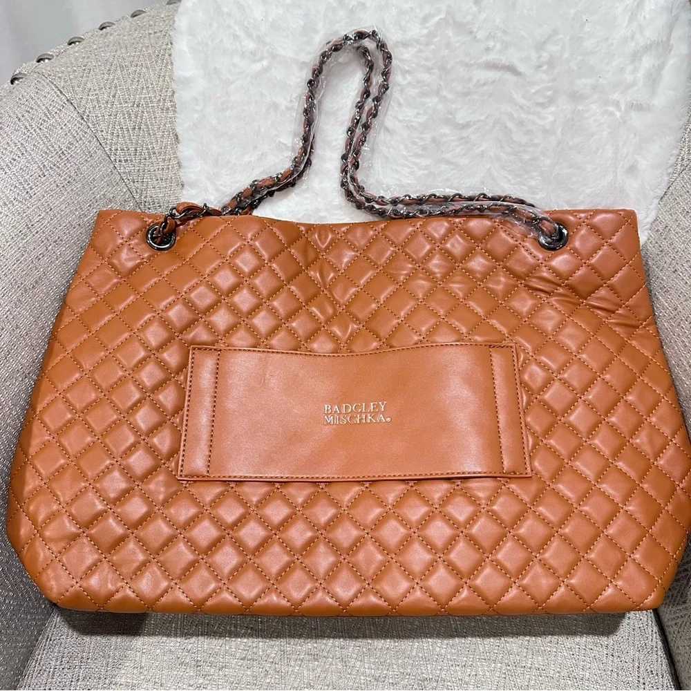 Badgley Mischka Diana Quilted Faux Leather Travel Tote Chain Shoulder Bag purse